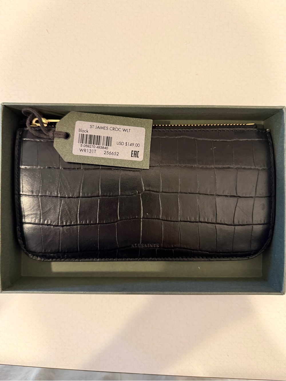 AllSaints Black Croc Embossed Leather Zip Wallet